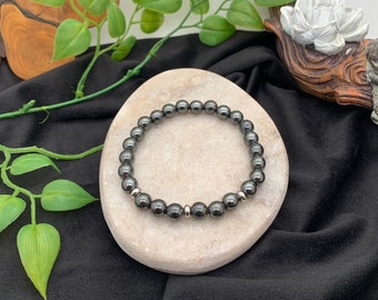 Hématite bracelet pour homme, intercalaires en acier inoxydable.