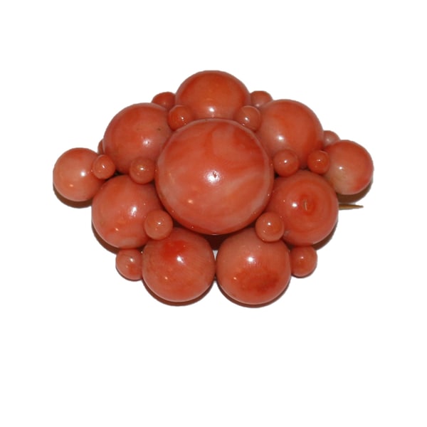 Broche Antique Fin XIXe Siècle - Style Napoléon III - Plaqué Or Avec Corail Naturel - Occasion