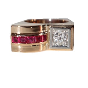 Diamond And Red Stone Tank Ring