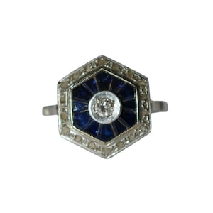 Art Deco Hexagonal Ring with Diamonds and Sapphires