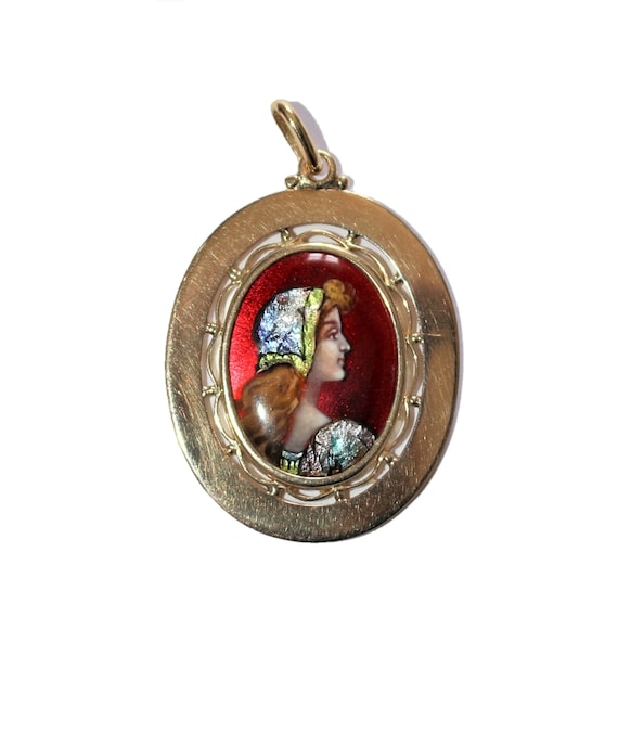 Broche Ancienne En Email De Limoges - Profil De Femme Avec Fleurs - Élégante - Occasion