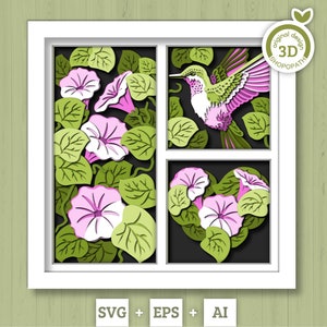 Colibri 3D SVG avec boîte d'ombre de fleurs de gloire du matin, SVG d'été 3D, colibri 3D SVG, SVG 3D coeur en couches, Silhouette Cricut