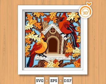 3D SVG Cardinal Couple On Birdhouse Shadow Box, 3D SVG Cardinal, Birdhouse 3D Svg, Autumn SVG, Cardinal Shadow Box Cricut Silhouette