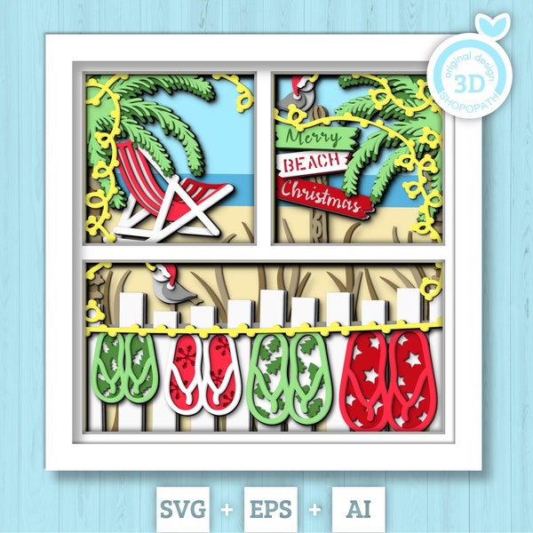 3D SVG Tropical Christmas Shadow Box, Layered Beach Christmas Svg, Santa Claus Shadow Box, 3D Svg, Seaguls 3d Svg, Cricut Silhouette