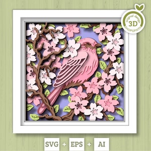 Roselin pourpré 3D dans la boîte de l'ombre de l'arbre en fleurs de cerisier SVG, SVG de printemps 3D, 3D oiseau svg, Svg 3D arbre Sakura, fleurs 3D Svg, Silhouette Cricut