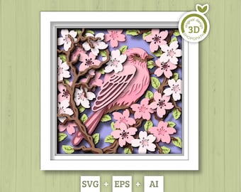 3D Purple Finch In Cherry Blossom Tree Shadow Box SVG, 3D Spring SVG, 3D Bird svg, 3D Sakura Tree Svg, 3D Flowers Svg, Cricut Silhouette