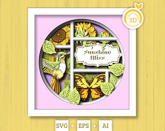 3D Sunflowers With Hummingbird And Monarch Butterfly Customisable Shadow Box SVG, Summer Shadow Box, 3D Sunflower svg, Cricut Silhouette