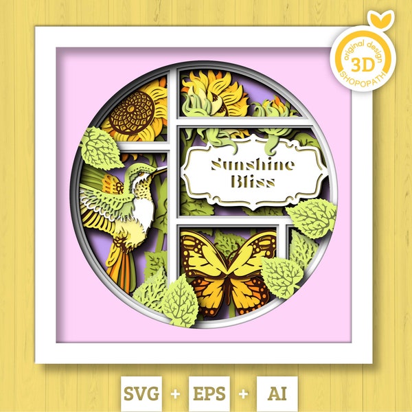 3D Sunflowers With Hummingbird And Monarch Butterfly Customisable Shadow Box SVG, Summer Shadow Box, 3D Sunflower svg, Cricut Silhouette