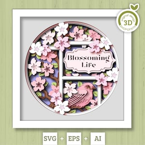 Scatola delle ombre personalizzabile 3D con fringuello viola in un albero di ciliegio in fiore SVG, 3D Primavera SVG, 3D Sakura Tree SVG, Fiori SVG, Cricut Silhouette