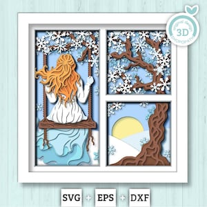 May include: A layered paper art piece depicting a winter scene. A woman with orange hair swings on a wooden swing set, surrounded by snowflakes and snow-covered branches. The artwork is framed in a white window, with the text "original design 3D shopopath" and "SVG + EPS + DXF".