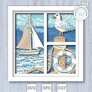 Zeilboot met meeuw - 3D schaduwdoos gelaagde SVG DXF EPS (snijbestanden)