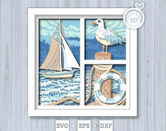 Sailing Boat with Seagull - 3D Shadow Box Layered SVG DXF EPS (Cutting Files)