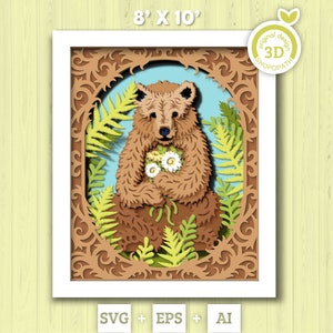 Ours 3D avec des fleurs dans la forêt Shadow Box SVG, 8 x 10 pouces ours 3D SVG, 3D SVG été, forêt 3D Svg, ours noir 3D Svg, Silhouette Cricut