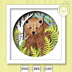 3D Bear In Forest Shadow Box SVG, 3D Bear Svg, 3d Forest SVG, 3d Brown Bear svg, 3d svg Black Bear, Summer 3d svg, Cricut Silhouette