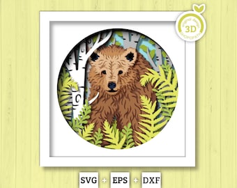3D Bear In Forest Shadow Box SVG, 3D Bear Svg, 3d Forest SVG, 3d Brown Bear svg, 3d svg Black Bear, Summer 3d svg, Cricut Silhouette