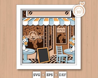 Coffee Shop with Label - 3D Shadow Box Layered SVG DXF EPS (Cutting Files)