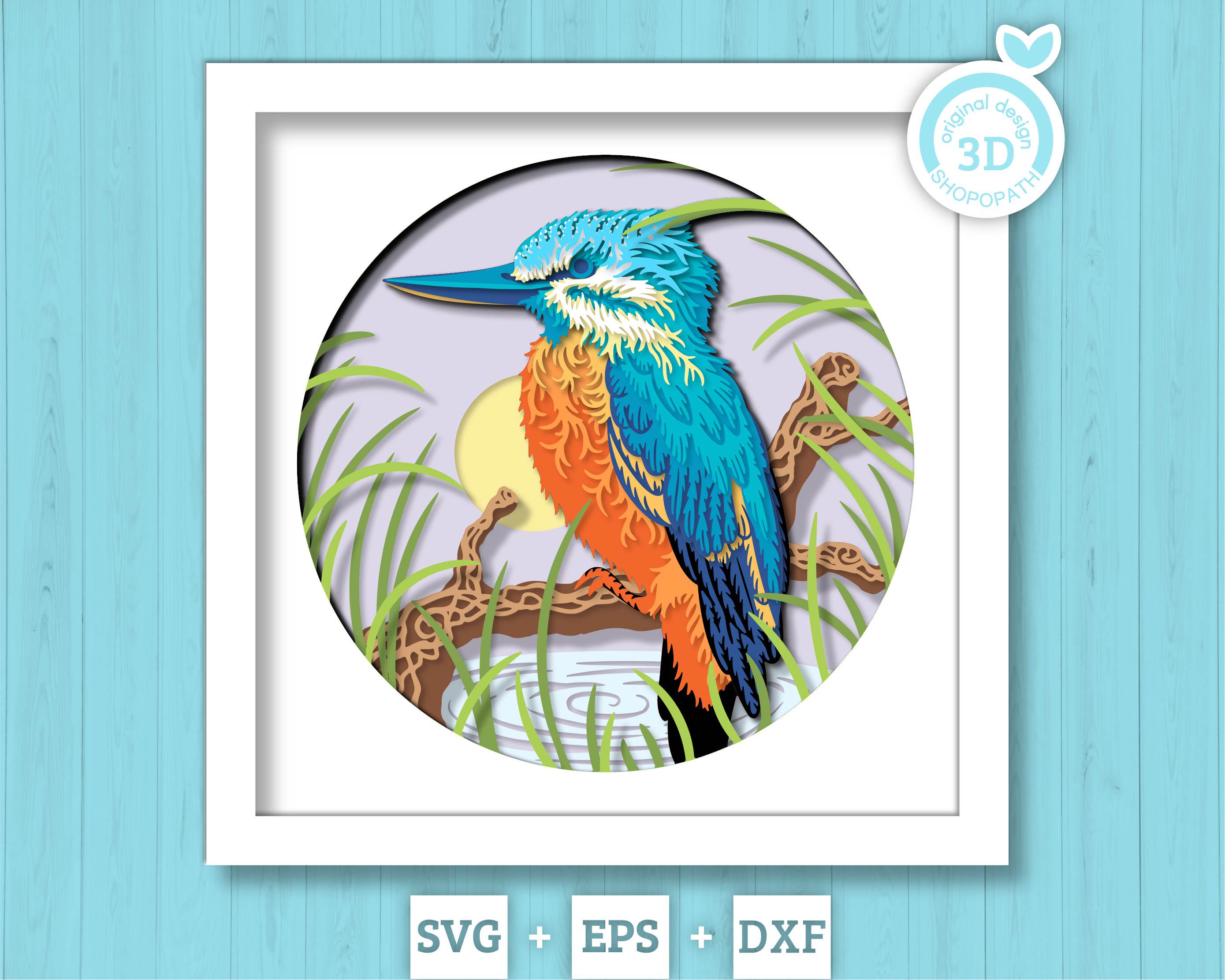 枝に止まるカワセミ - 3D シャドウボックス レイヤー SVG DXF EPS