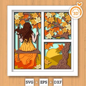 3D Woman On Swing Under Autumn Tree Shadow Box SVG, 3D Autumn SVG, Autumn Leaves 3d svg, Tree 3d Svg, Fall SVG, Cricut Silhouette
