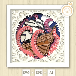 3D SVG Veliero con tentacoli Cornice in pizzo Scatola d'ombra, Nave 3D Svg, Polpo 3d Svg, Estate 3d Svg, Barca a vela 3d svg, Cricut Silhouette