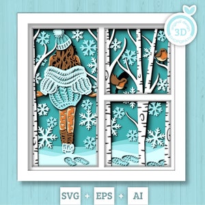 Scatola delle ombre invernale 3D SVG, scatola delle ombre a strati Robin Svg, fiocchi di neve 3D Svg, foresta di betulle 3D Svg, scatola delle ombre di Natale svg Cricut Silhouette