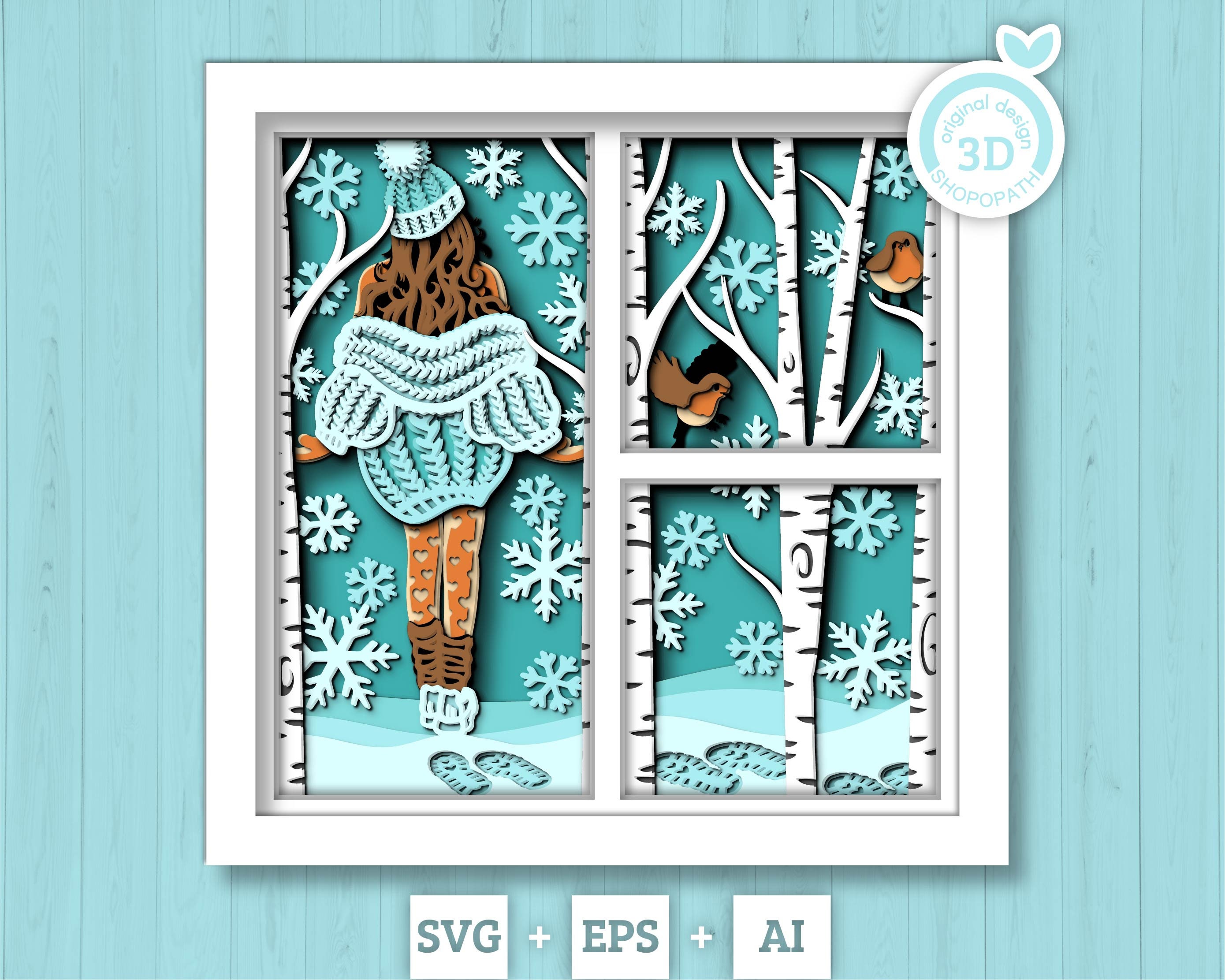 3D SVG Winter Shadow Box, Layered Robin Shadow Box Svg, Snowflakes 3D Svg, Birch Forest 3d Svg, Christmas Shadow Box svg Cricut Silhouette