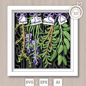 3D SVG kruiden Shadow Box SVG kruidentuin met bladeren en bloemen met tags planten lavendel rozemarijn tijm salie gelaagde, Cricut silhouet