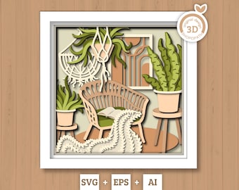 3D Boho Chair Shadow Box, Boho Room Shadow Box, SVG Layered Boho SVG, Boho Plants 3D Svg, 3D Boho Cats SVG, Papercut svg, Cricut Silhouette
