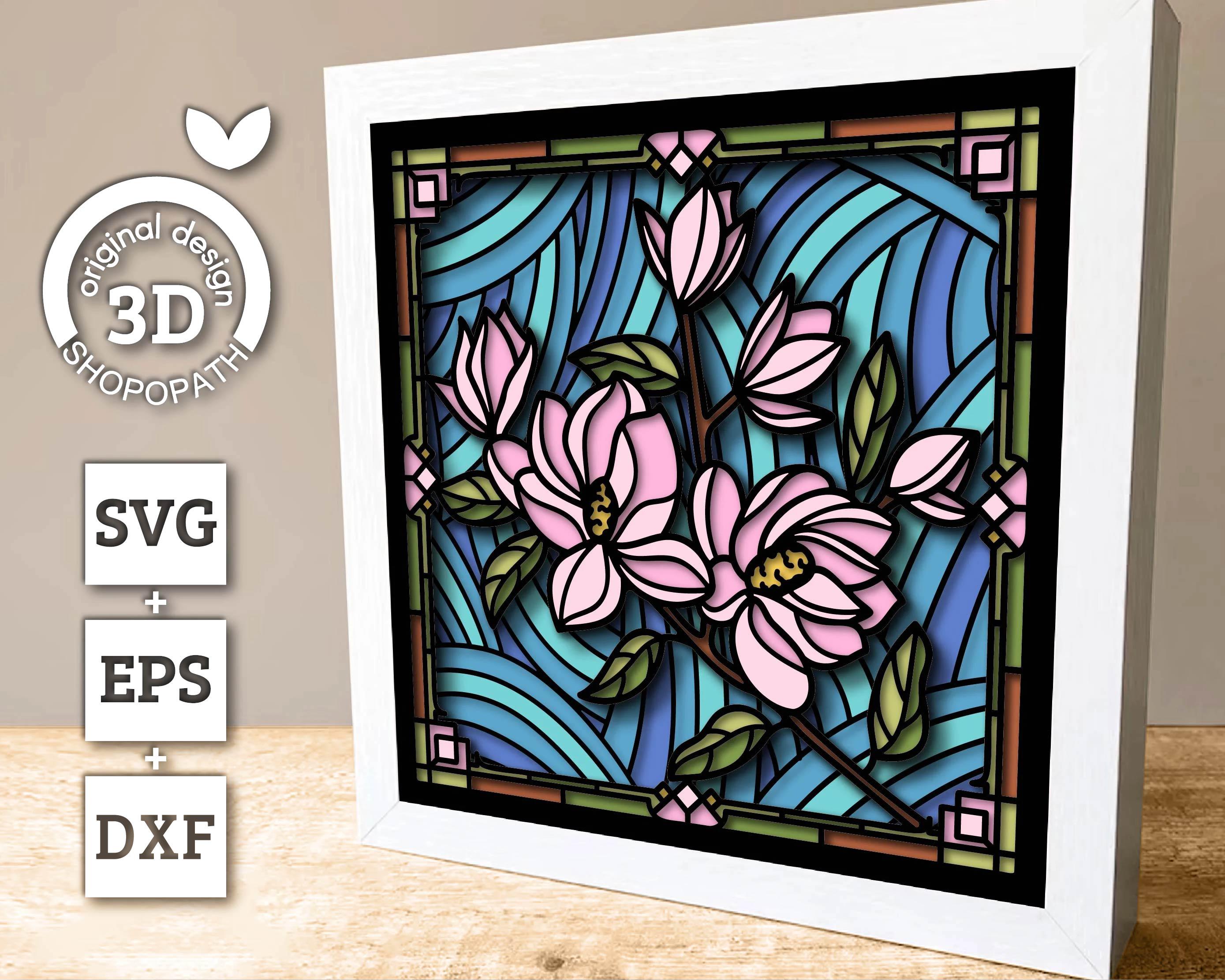 マグノリアの花のステンドグラス - 3DシャドウボックスレイヤーSVG DXF
