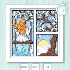 3D SVG Frau auf Schaukel unter Winterbaum Schattenbox, Winter 3D SVG, Schneeflocken 3D svg, 3D Sakura Baum svg, Shopopath 3D SVG Cricut Silhouette