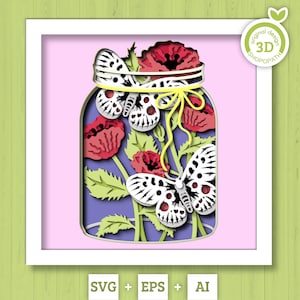 Papillons 3D en pot Shadow Box SVG, couches de fleurs de pavot SVG, Svg Apollo 3D, coquelicots Svg, boîte de printemps, svg floral Silhouette Cricut