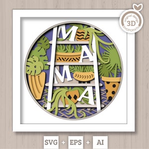 3D SVG Mama Shadow Box SVG Fête des Mères Shadow Box Spring Garden With Leaves Céramique Plantes en pot Svg en couches, Silhouette Cricut
