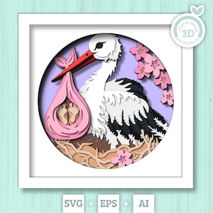 3D ooievaar baby levering Shadow Box SVG, schattige baby 3D-svg, babyshower decor, pasgeboren 3D-svg, baby aankomst svg, kinderkamer 3D SVG-silhouet