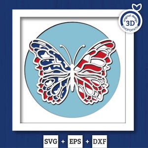 Mariposa con la bandera estadounidense - Caja de sombra 3D en capas SVG DXF EPS (Archivos de corte)