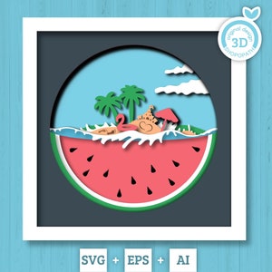 3D-Schicht-Sommer SVG-EPS, Sea Wave Shadow Box, Strand 3D-Svg, Wassermelonen-Schichtpapierschnitt svg, Cricut Silhouette