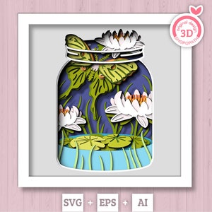 3D Luna Moth Jar Frame Shadow Box SVG, SVG 3D Luna Moth en couches, fleur de lys 3D svg, SVG été 3D, fleur de lotus 3D svg, Silhouette Cricut