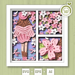 Caixa de sombra de menina 3D com suéter sob árvore florida SVG, 3D Primavera SVG, 3D Flor de cerejeira SVG, 3D Árvore de Sakura SVG, Silhueta Cricut
