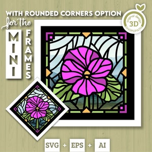 Minicaja de sombras de vitrales con violetas en SVG 3D, violetas en SVG 3D, flores en SVG 3D, vitrales en SVG 3D, caja de sombras en SVG, silueta de Cricut