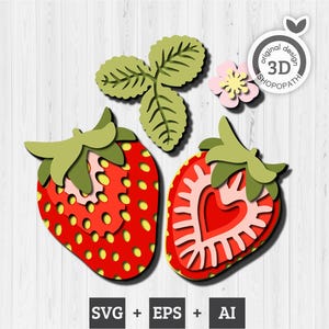 Fragole a strati 3D SVG, fragole SVG 3D, fiori di fragola 3d svg, fiori 3d SVG, frutta 3d svg, bacche 3d svg taglio laser Cricut
