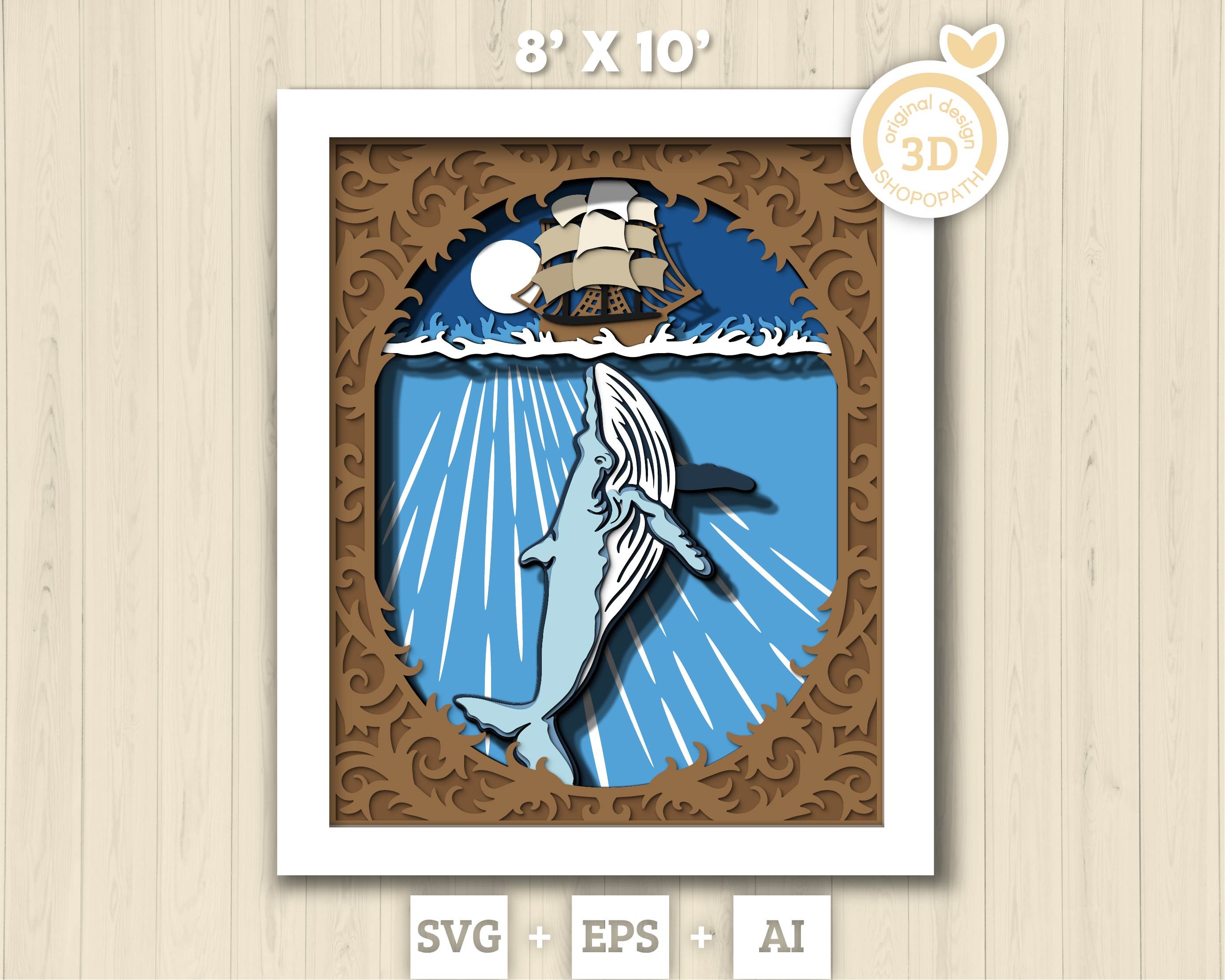 3D Sailing Ship And Whale Shadow Box SVG, 8x10 inch Layered Whale 3D Svg, Summer 3D Svg, Sailing Ship 3D SVG,Whale 3D SVG Cricut Silhouette
