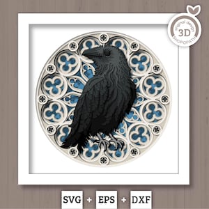 Cuervo SVG 3D con ventana gótica, SVG de otoño 3D, SVG de ventana gótica 3D, SVG de cuervo 3D, SVG de cuervo 3D, SVG de Halloween 3D, Silueta de Cricut