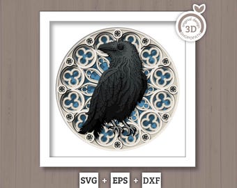 3D SVG Crow With Gothic Window Shadow Box, 3D Fall SVG, Gothic Window 3D Svg, Crow 3D Svg, Raven 3D SVG, Halloween 3D svg, Cricut Silhouette