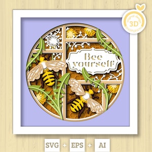 3D Bee Shadow Box SVG Layered Dandelions SVG, Spring Shadow Box, Honey Bee 3D Svg, Leaves and Flowers Papercut svg Cricut Silhouette