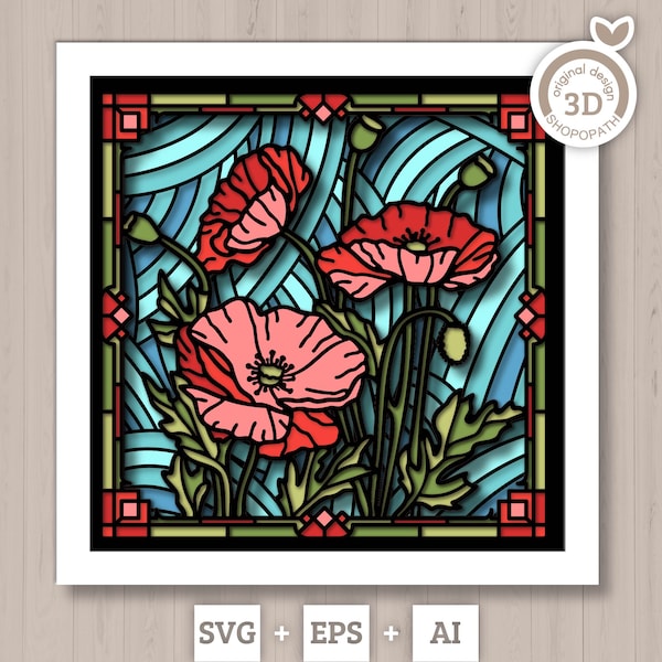 3D SVG Stained Glass Poppy Flowers Shadow Box, 3D Flowers svg, 3D SVG Floral Stained Glass, Layered Poppies Shadow Box svg Cricut Silhouette