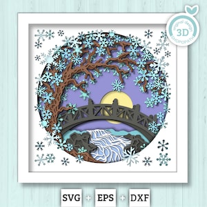 3D SVG Winter Tree With A Footbridge Over a Stream Shadow Box, 3D Winter SVG, Layered Snowflakes 3D Svg, Shopopath 3d SVG, Cricut Silhouette