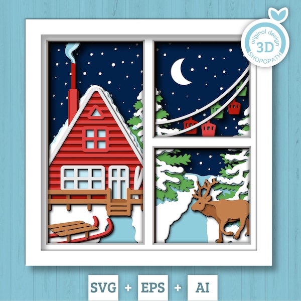 3D SVG Winter Shadow Box, Layered Winter Cabin Svg, Ski Lodge, Reindeer Moose 3D Svg, Christmas Snow Woods 3d Svg, Cricut Silhouette