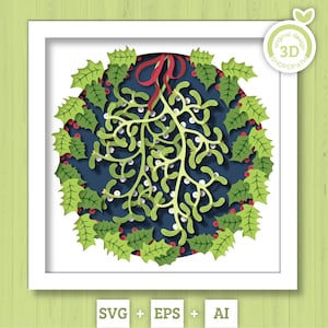 Scatola delle ombre del vischio in 3D SVG, Scatola delle ombre di Natale a strati in Svg, Bacio romantico in 3D in Svg, Babbo Natale in 3D in Svg Holly in Svg Cricut Silhouette