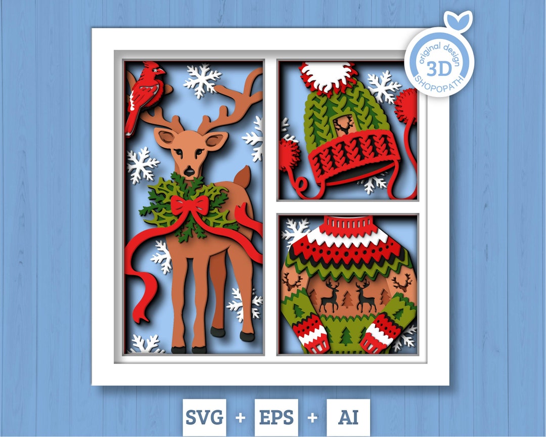 3D SVG Christmas Shadow Box, Layered Winter Svg, Santa Claus Shadow Box
