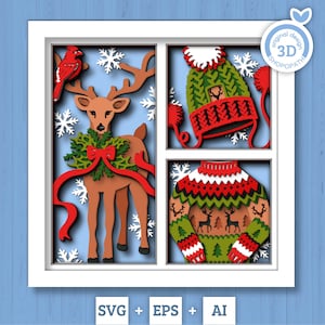 3D SVG Noël Shadow Box, couches Svg hiver, Père Noël Shadow Box, pull de Noël 3D Svg, renne 3D Svg, Silhouette Cricut
