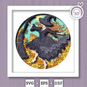 Bruja bailando en hojas de otoño (SVG 3D), caja de sombras, Halloween (SVG 3D), bruja (SVG 3D), bruja en capas (SVG 3D), hojas de otoño (SVG 3D), silueta de Cricut