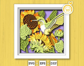 Hummingbird with Sunflowers - 3D Shadow Box Layered SVG DXF EPS (Cutting Files)